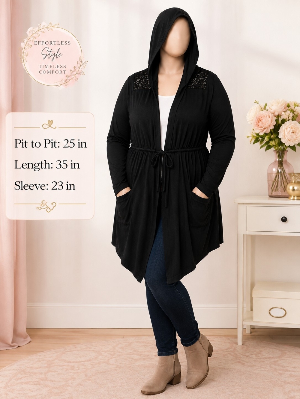Torrid Super Soft Size 2 Black Hooded Cardigan Lace Detail Tie Waist